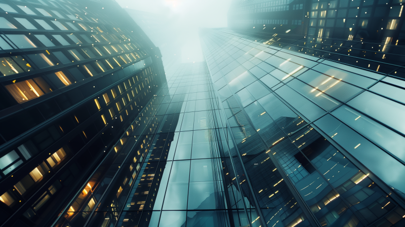 Skyscrapers rising into foggy skies, with a focus on reflective glass facades of city buildings.