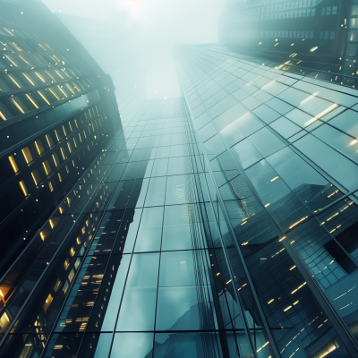 Skyscrapers rising into foggy skies, with a focus on reflective glass facades of city buildings.