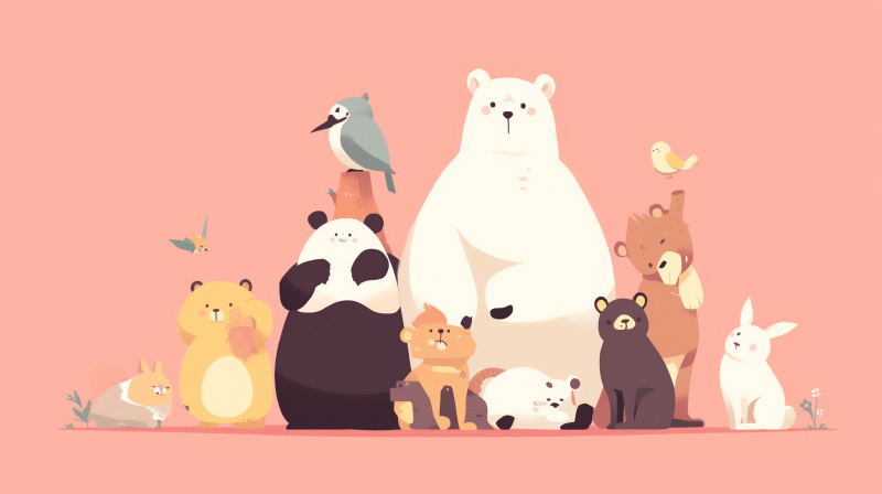 A colorful illustration of various cute animals, including a large polar bear at the center, surrounded by a panda, bear cub, bird, and other adorable creatures against a soft pink background.