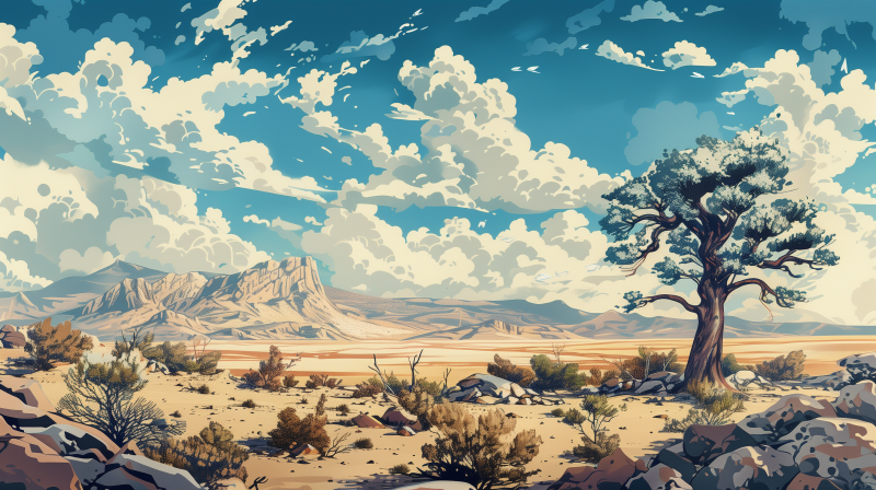 Illustration of a vast desert landscape with a clear blue sky, billowing clouds, a rugged mountain in the background, and sparse vegetation in the foreground.