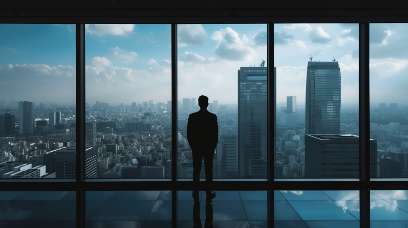 A businessman silhouetted against a cityscape viewed through large windows, symbolizing business goals and success.