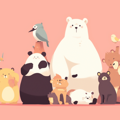 A colorful illustration of various cute animals, including a large polar bear at the center, surrounded by a panda, bear cub, bird, and other adorable creatures against a soft pink background.