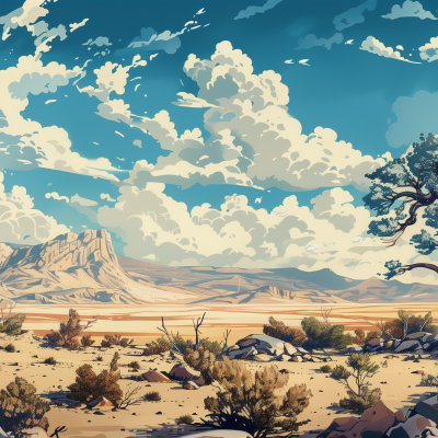 Illustration of a vast desert landscape with a clear blue sky, billowing clouds, a rugged mountain in the background, and sparse vegetation in the foreground.