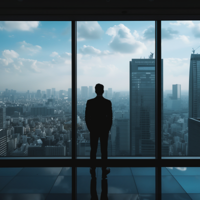 A businessman silhouetted against a cityscape viewed through large windows, symbolizing business goals and success.