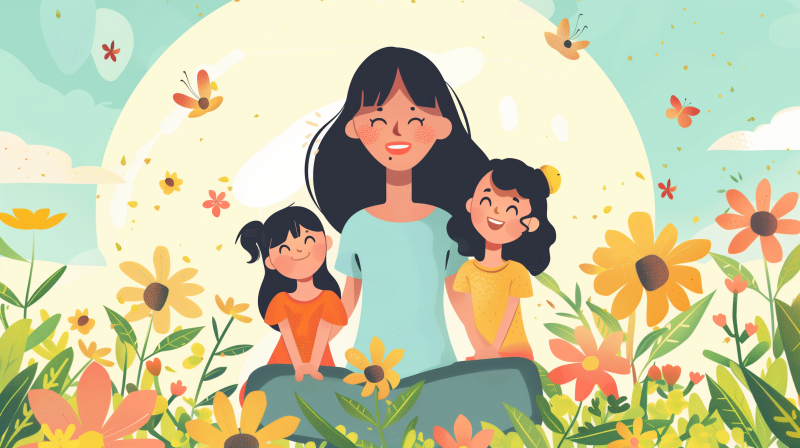 Illustration of a happy family moment featuring a smiling mom with two cheerful kids, surrounded by vibrant flowers and butterflies.