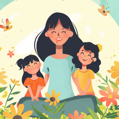 Illustration of a happy family moment featuring a smiling mom with two cheerful kids, surrounded by vibrant flowers and butterflies.