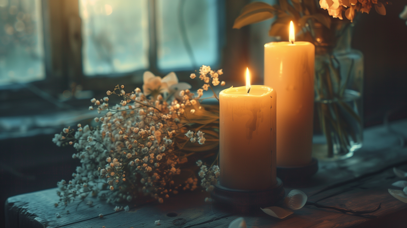 Two lit candles on a wooden surface with small white flowers nearby, creating a warm and serene ambiance.