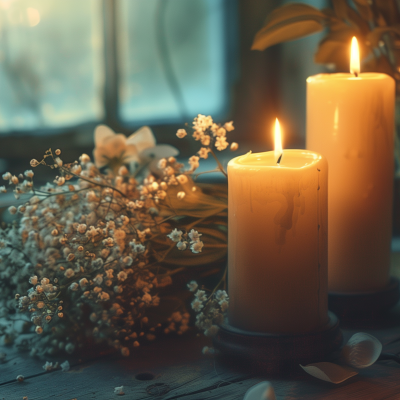 Two lit candles on a wooden surface with small white flowers nearby, creating a warm and serene ambiance.