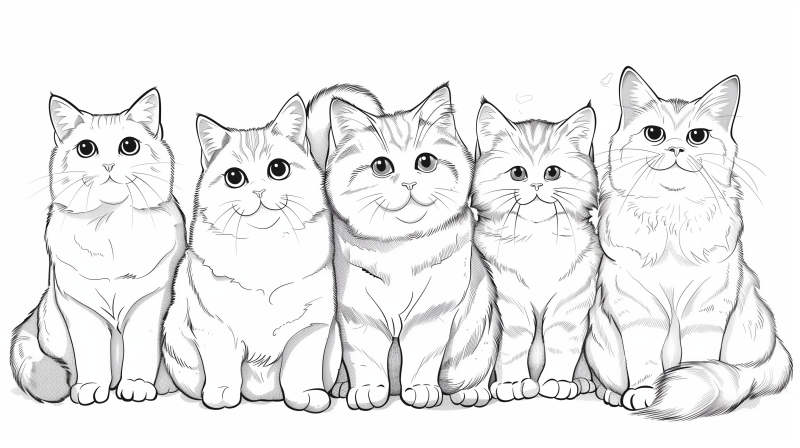 A black and white illustration of three adorable cats sitting side by side.