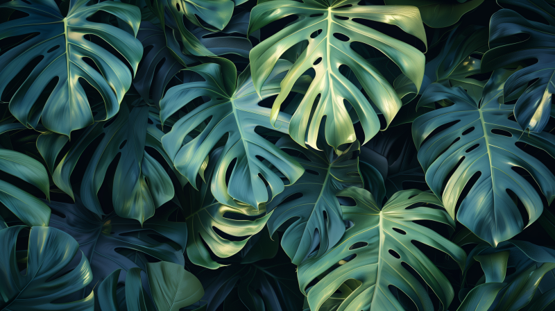 A close-up of lush green Monstera plant leaves with characteristic splits and holes, creating a dense tropical pattern.