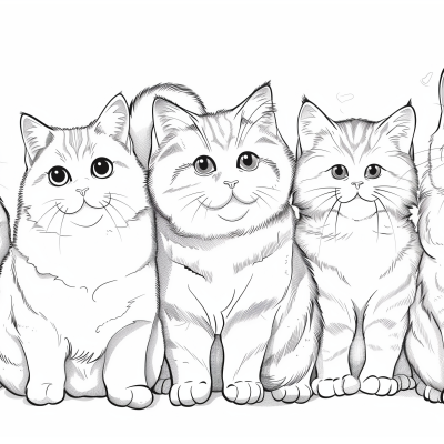 A black and white illustration of three adorable cats sitting side by side.