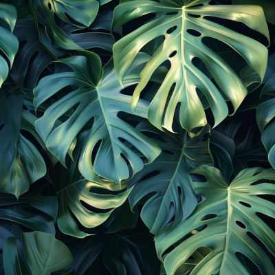 A close-up of lush green Monstera plant leaves with characteristic splits and holes, creating a dense tropical pattern.