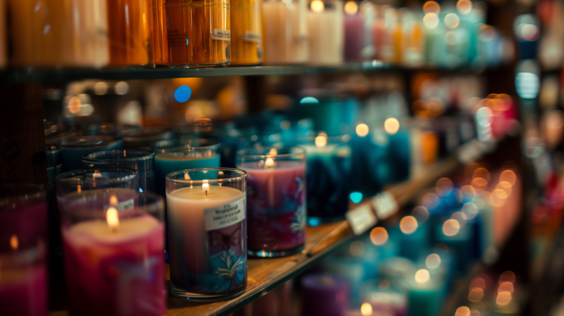 Displayed are various colored scented candles on shelves, with a focus on a lit candle in the foreground.