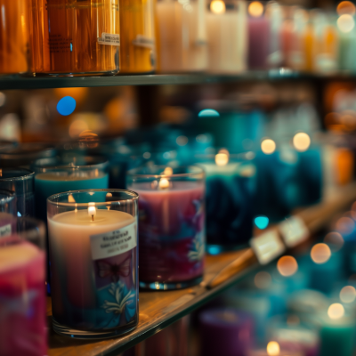 Displayed are various colored scented candles on shelves, with a focus on a lit candle in the foreground.