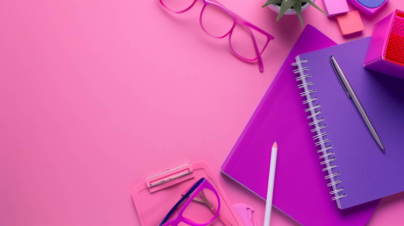 A neatly arranged desk with pink and purple stationery including a notebook, glasses, pens, and a clipboard on a pink background.