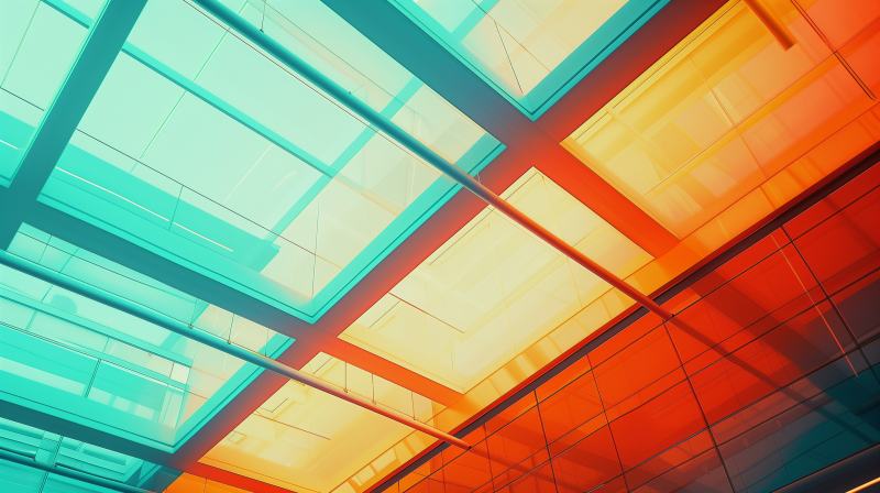 Abstract view of a glass ceiling with a geometric pattern, illuminated by aesthetic lighting in shades of orange and teal.