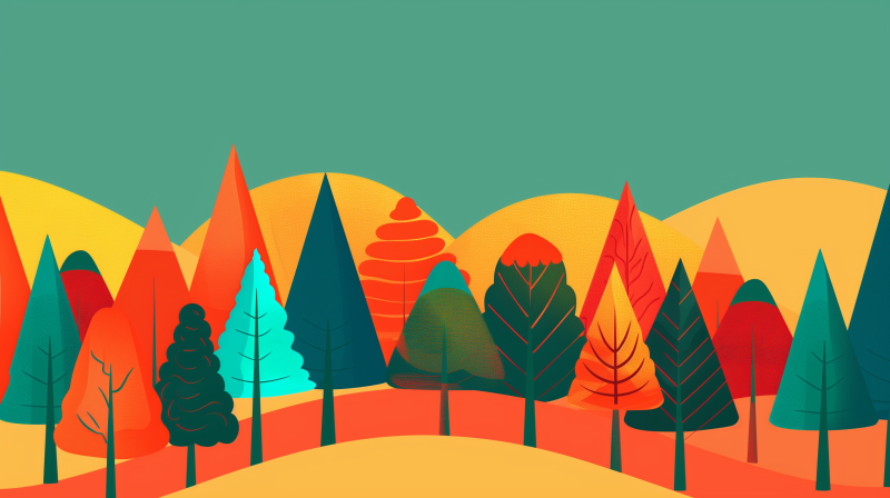 Colorful illustration of a stylized forest with various trees in autumnal tones against a teal background.