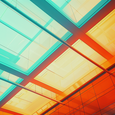 Abstract view of a glass ceiling with a geometric pattern, illuminated by aesthetic lighting in shades of orange and teal.