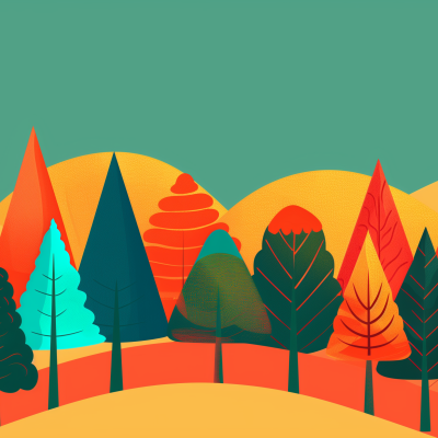 Colorful illustration of a stylized forest with various trees in autumnal tones against a teal background.