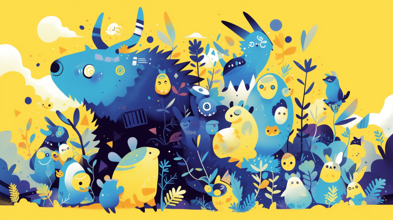 Colorful illustration of various cute and fantastical animals amidst whimsical foliage on a vibrant yellow background.