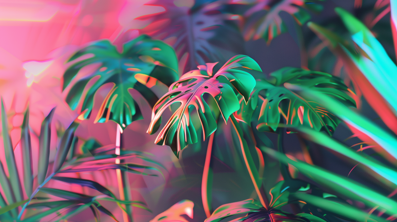 Vividly colored monstera houseplant leaves with a neon glow, creating a lush and tropical atmosphere.