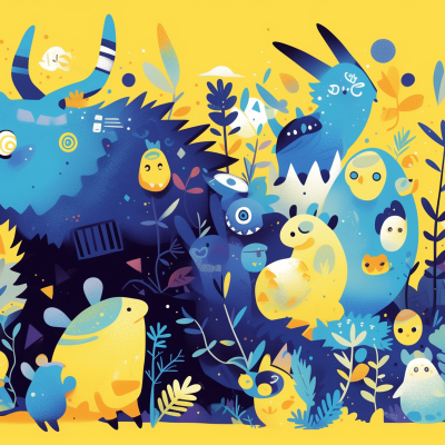 Colorful illustration of various cute and fantastical animals amidst whimsical foliage on a vibrant yellow background.