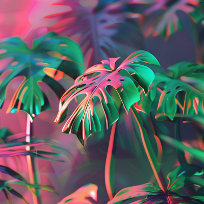 Vividly colored monstera houseplant leaves with a neon glow, creating a lush and tropical atmosphere.