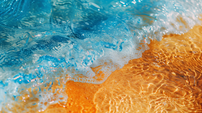 Close-up of seafoam and bubbles on the shore with the ocean in the background.