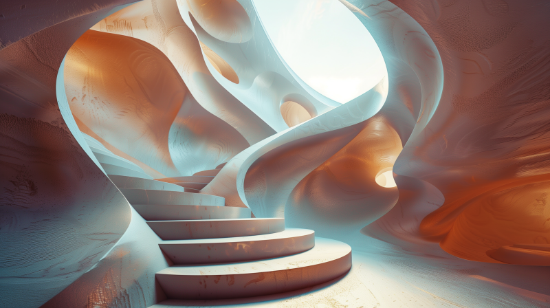 A digitally created image depicting a surreal architecture with flowing, organic forms surrounding a staircase in an ascending spiral, bathed in a warm, ambient light.