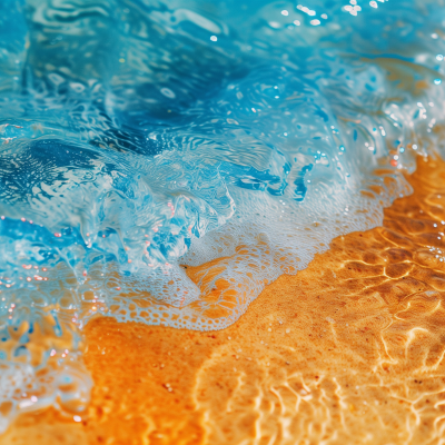 Close-up of seafoam and bubbles on the shore with the ocean in the background.