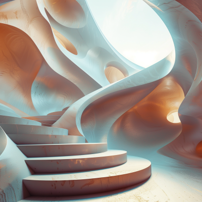 A digitally created image depicting a surreal architecture with flowing, organic forms surrounding a staircase in an ascending spiral, bathed in a warm, ambient light.