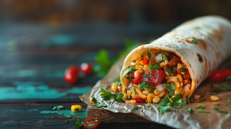 A mouth-watering burrito filled with colorful vegetables and beans, garnished with fresh herbs on a rustic wooden surface, surrounded by scattered ingredients.