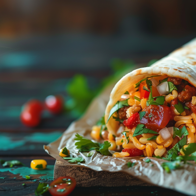 A mouth-watering burrito filled with colorful vegetables and beans, garnished with fresh herbs on a rustic wooden surface, surrounded by scattered ingredients.