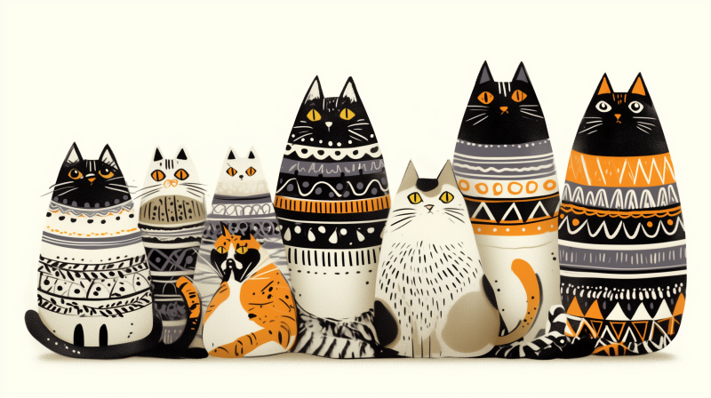 A collection of stylized cat figurines with various patterns and designs on a plain background.