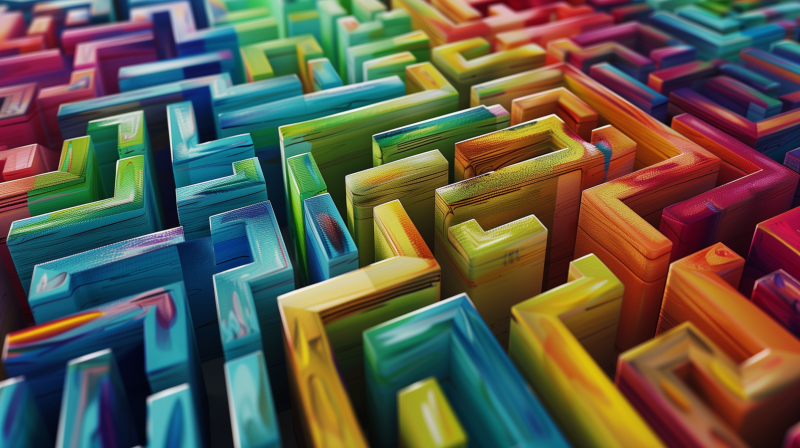 A close-up of a colorful 3D maze with various vibrant hues creating a complex labyrinthine structure.