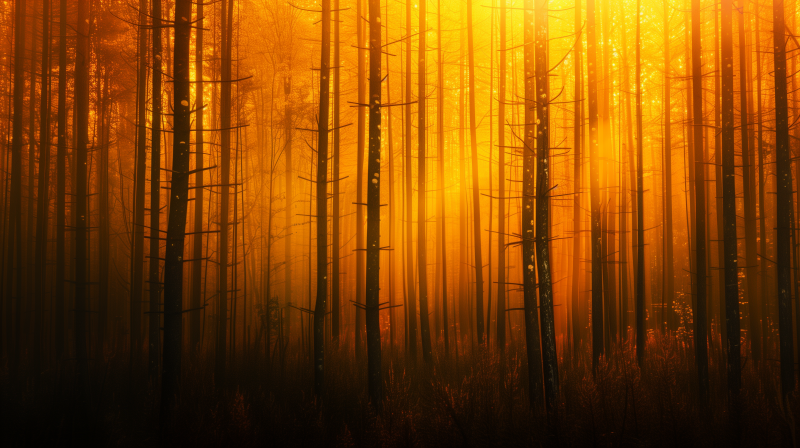 A mystical forest with trees shrouded in a golden fog, creating an enchanting atmosphere.