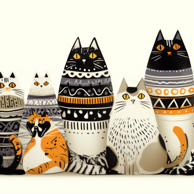 A collection of stylized cat figurines with various patterns and designs on a plain background.