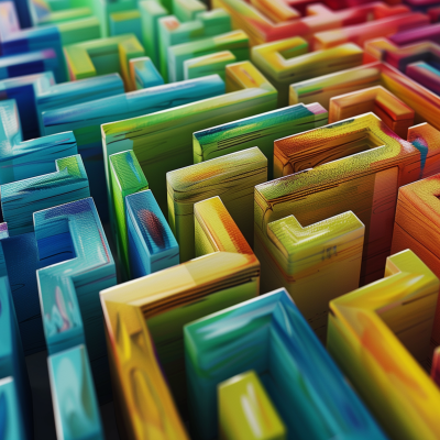 A close-up of a colorful 3D maze with various vibrant hues creating a complex labyrinthine structure.