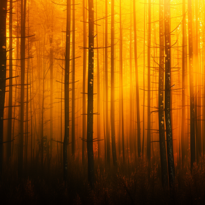 A mystical forest with trees shrouded in a golden fog, creating an enchanting atmosphere.