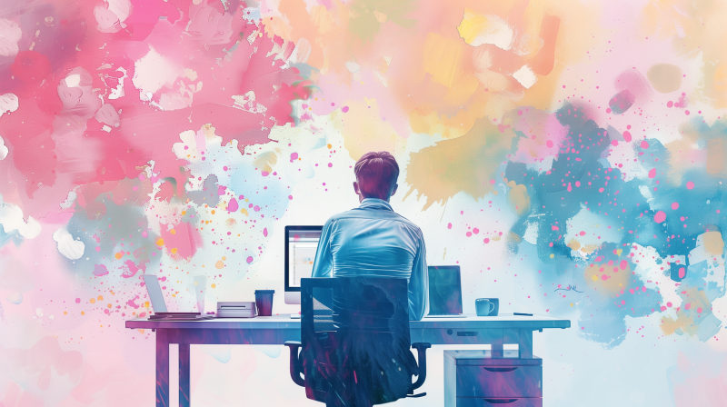 A person sitting at a desk working on a computer with a vibrant, abstract splash of colors in the background.