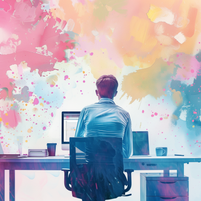 A person sitting at a desk working on a computer with a vibrant, abstract splash of colors in the background.