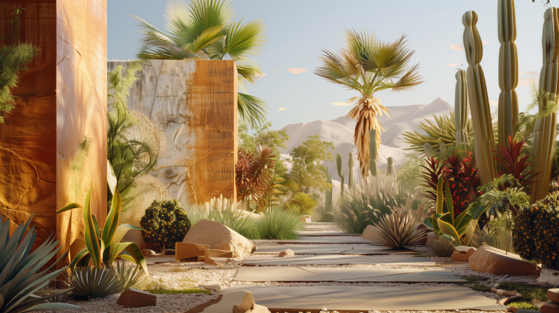 Desert landscaping scene with various cacti and palm trees, a wooden walkway, and a backdrop of mountains under a clear sky.