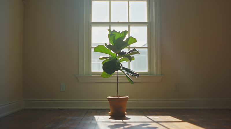 A fiddle leaf fig houseplant in a terracotta pot centered in a sunlit room by a window with wooden floors.