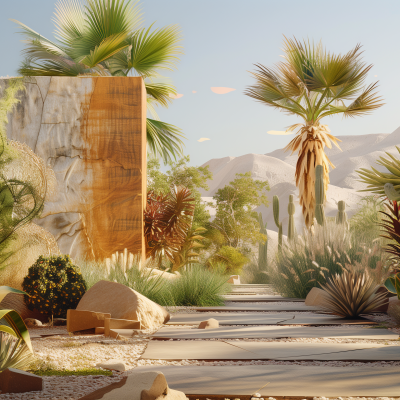 Desert landscaping scene with various cacti and palm trees, a wooden walkway, and a backdrop of mountains under a clear sky.