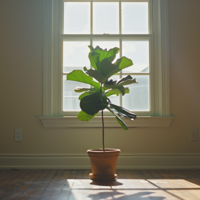 A fiddle leaf fig houseplant in a terracotta pot centered in a sunlit room by a window with wooden floors.