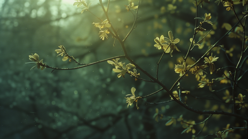 A branch with delicate spring blossoms against a soft-focused green background.