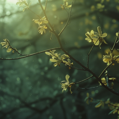 A branch with delicate spring blossoms against a soft-focused green background.