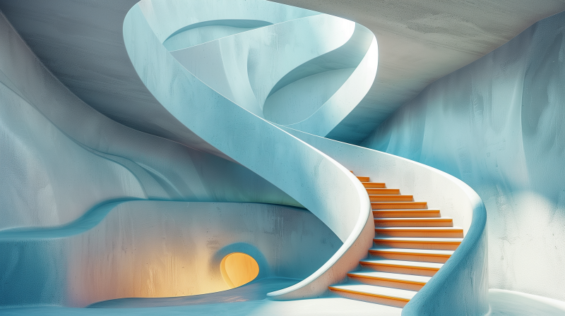 Abstract architectural design featuring a winding staircase with blue-toned walls and orange steps.