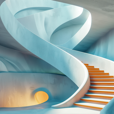 Abstract architectural design featuring a winding staircase with blue-toned walls and orange steps.