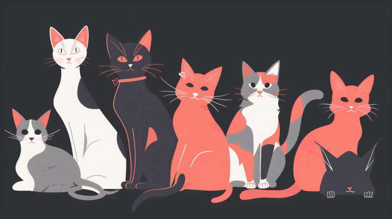 Illustration of a group of stylized cats in various poses and colors on a dark background.